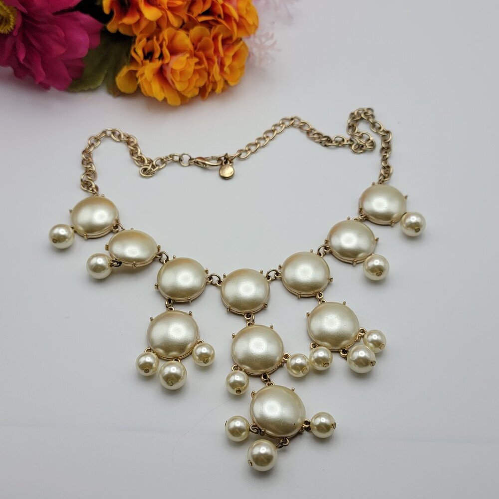 Champagne Cream Faux Pearl Statement Waterfall Bib Necklace Gold Tone 22" Adj.